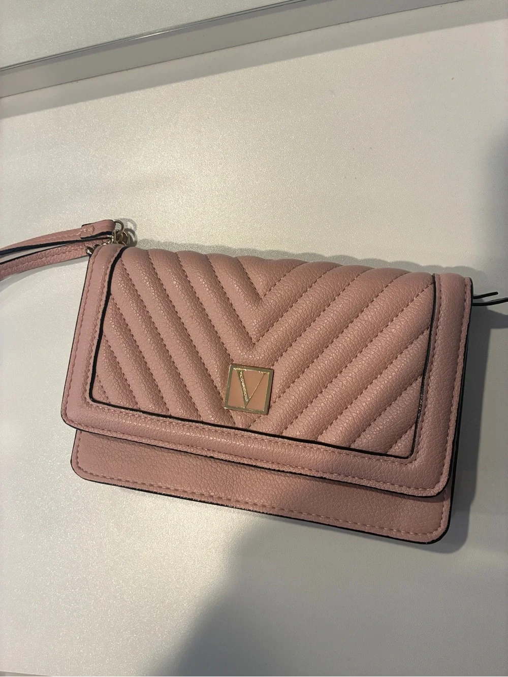 Victoria's Secret Quilted Wristlet in Dusty Pink with Gold V Logo